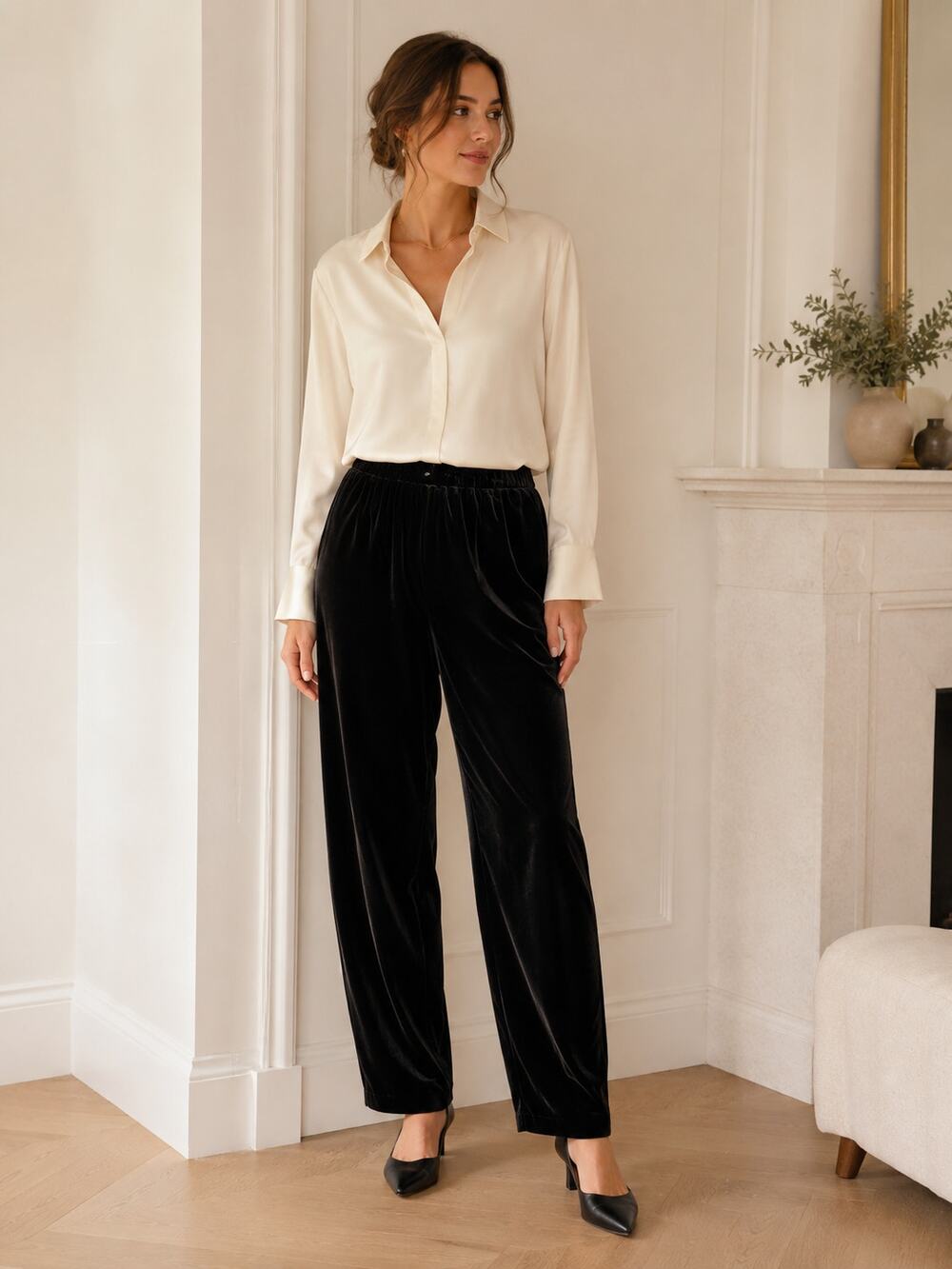 Saks Fifth Avenue Velvet Pants Womens L Black Silk Blend Pull On Relaxed Luxe